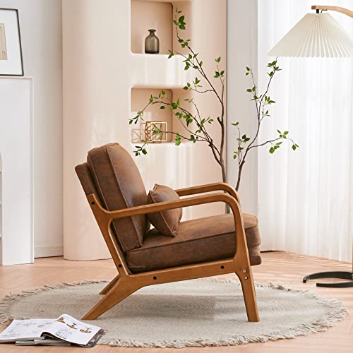 Image of Karl home Accent Chair Mid-Century Modern Chair with Pillow Bronzing Cloth Upholstered Lounge Arm Chair with Solid Wood Frame & Soft Cushion for Living Room, Bedroom, Balcony, Brown