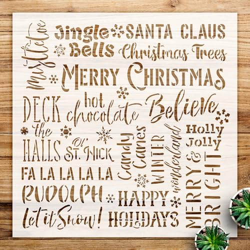 Christmas Background Words Stencil for Walls and Crafts, Reusable Mylar Template, Ideal for DIY Holiday Decor and Embellished Word Art Projects - Size A2 (16.5