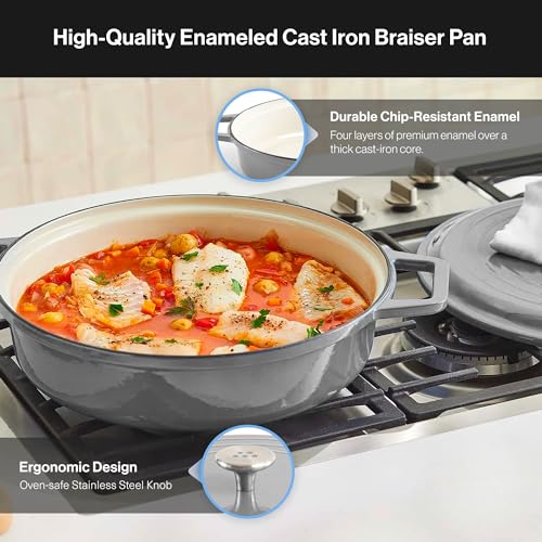 Image of Misen 5.5 QT Braiser - Enameled Cast Iron Pan for Searing, Braising & Slow Cooking - No-Chip Enamel Coating - Extra-Wide Handles - Superior Heat Retention & Even Cooking - Gray