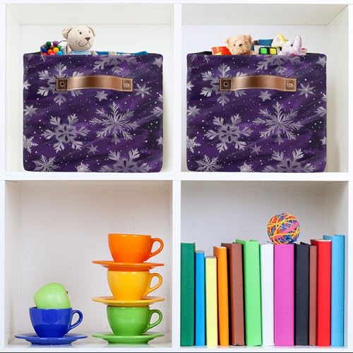 Image of Wamika Winter Snowflake Storage Basket with Waterproof Liner and PU Handles Christmas Purple Xmas Storage Bins Boxes 14.2 inch Collapsible Decorative Organizer Baskets for Bedroom Closet Office 1 Pack