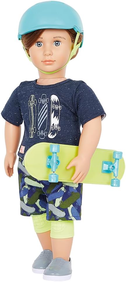 Our Generation BD31328Z Theodore 46 cm Doll with Skateboard and Protective Clothes for Skating - Children's Toy from 3 Years - 45443 HCM Kinzel