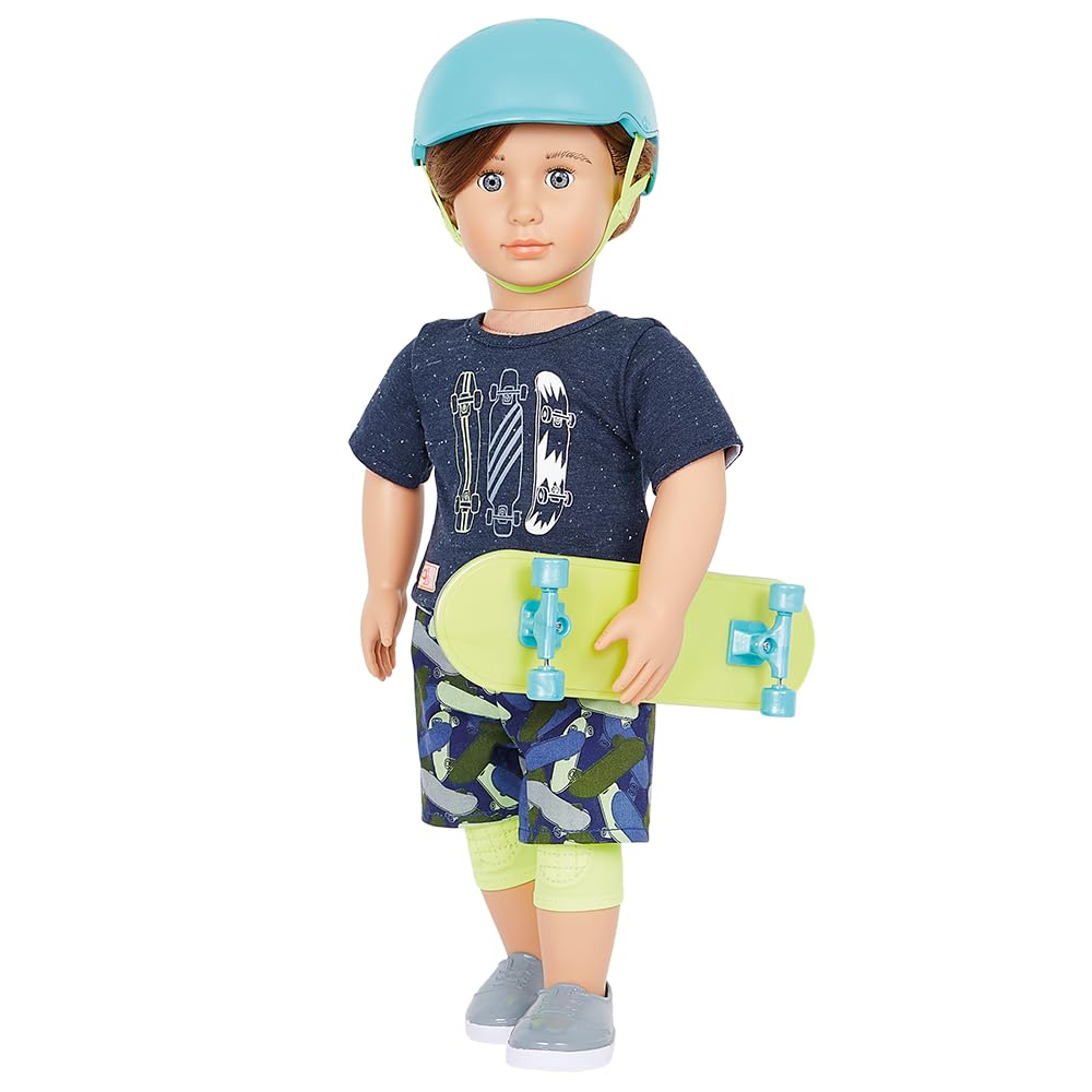 Our Generation BD31328Z Theodore 46 cm Doll with Skateboard and Protective Clothes for Skating - Children's Toy from 3 Years - 45443 HCM Kinzel