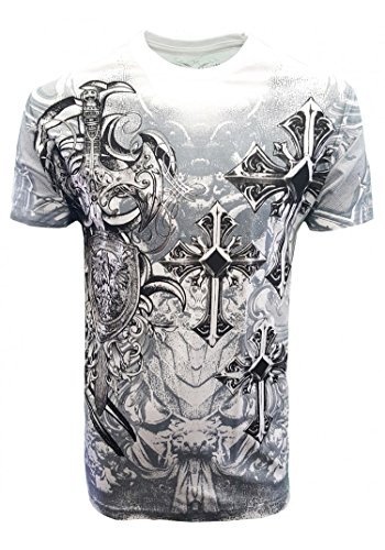 Konflic Mens MMA Style All-Over Graphic Crew Neck Muscle T-Shirt 100% Cotton, Crosses and Sword White, Large