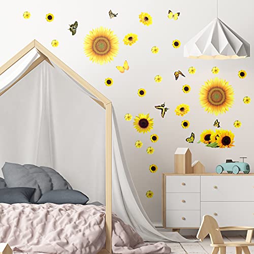 53 Pcs Sunflower Daisy Wall Decals Butterfly Wall Stickers, Waterproof Sunflower Decals, Sunflower Wall Decor, Flower Mural Stickers For Bathroom Room (Medium) #TOP3