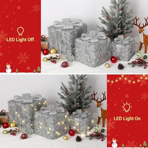 GAOMON Christmas Lighted Gift Boxes Set of 3, Battery Operated Light Up Present Box, Xmas Under Tree Decor, Different Sizes Pre-Lit Gift Boxes with Bowknot for Outdoor Indoor Christmas Decor, Silver