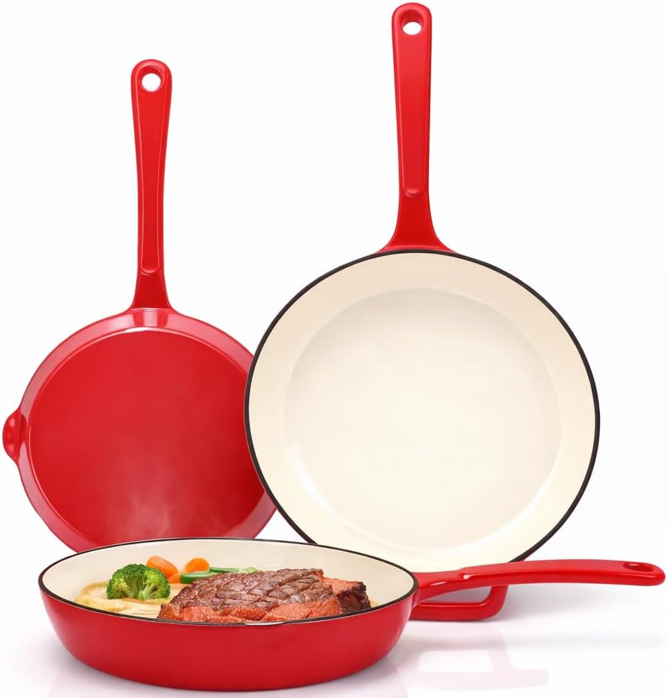 Hisencn Enameled Cast Iron Frying Pan Set, 3 Piece Set of 8''/9.5''/11'' Skillets, PFAS & PTFE & PFOA Free, Gas/Induction/Electric/Oven Compatible, Rouge Red
