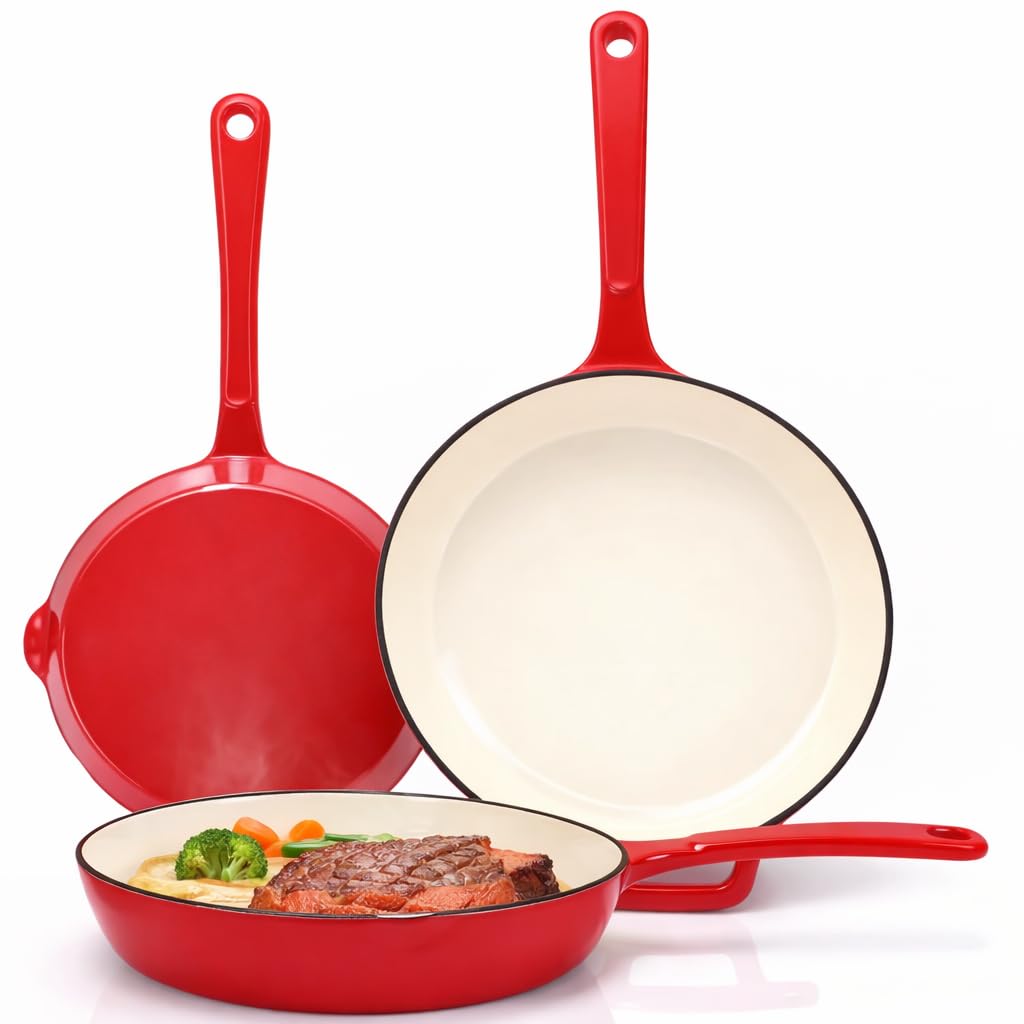 Hisencn Enameled Cast Iron Frying Pan Set, 3 Piece Set of 8''/9.5''/11'' Skillets, PFAS & PTFE & PFOA Free, Gas/Induction/Electric/Oven Compatible, Rouge Red