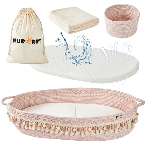 Image of Nurcret Baby Changing Basket, Foldable Portable Changing Pad, Moses Basket for Newborn, Changing Table Topper for Dresser, Cotton Rope Diaper Caddy for Travel&Nursery, Waterproof Foam Pad Cover, Pink