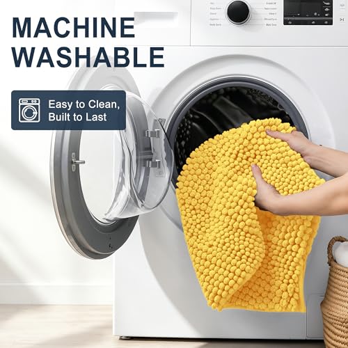Image of Smiry Thick Chenille Bathroom Runner Rugs 47x20, Extra Absorbent Striped Bath Mat, Machine Washable, Rubber Backing, Long Bath Rugs for Tub & Shower, Modern Home Decor Accessories, Yellow