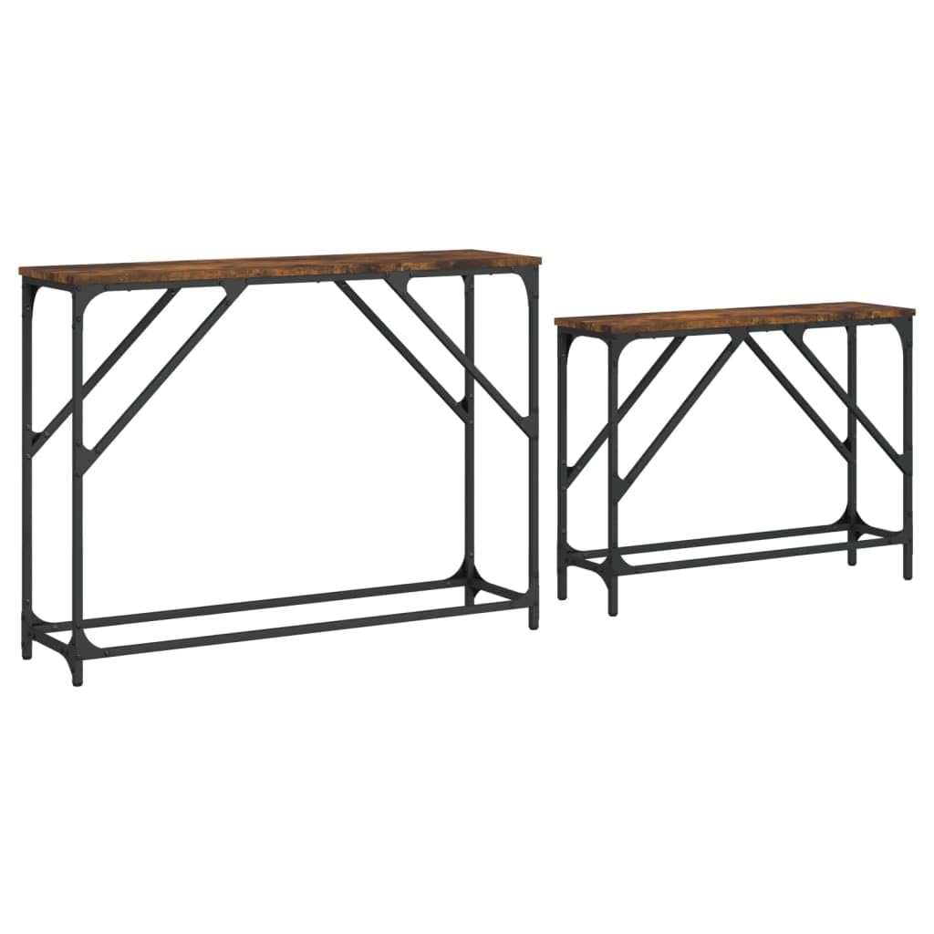 Stoły konsolowe, zestaw 2 sztuk, drewno wędzone, rama metalowa, 100 x 28 x 75 cm, stoliki pomocnicze do salonu, korytarza, biura, wszechstronne zastosowanie