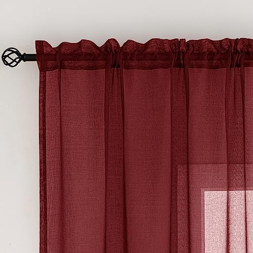 Image of Sheer Curtains 84 inch Length 2 Panels Set, Semi Sheer Privacy Curtain Drapes, Burgundy Rod Pocket Window Treatments Voile Curtains for Windows Living Room Bedroom Sunroom French Doors, 52 inchW x 84 inchL