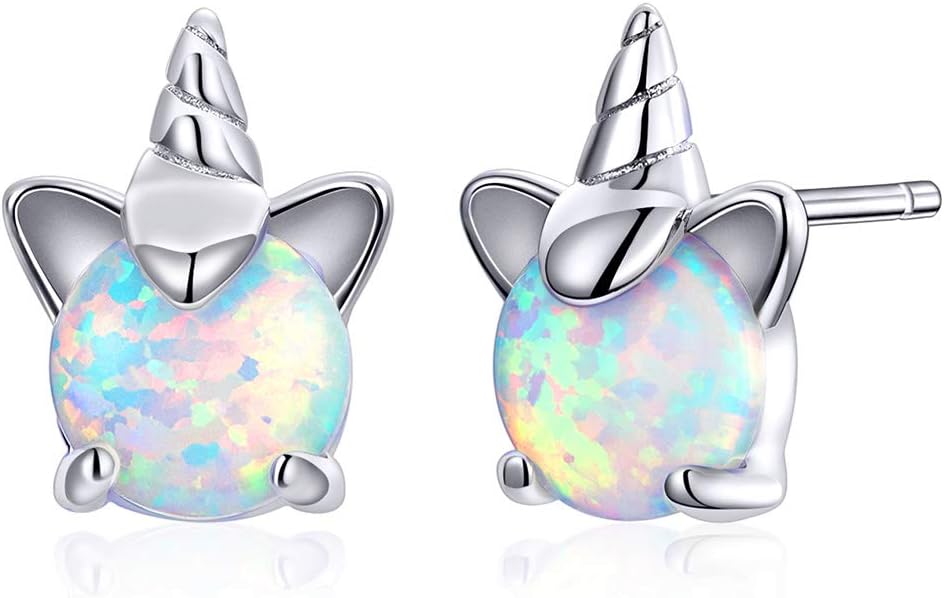 BETTY&SARAHUnicorn Earrings for Girls Sterling Silver Hypoallergenic Opal Earrings for Kids Women Gifts Unicorn