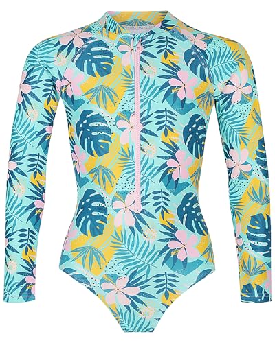 Image of Tame the Sun Long Sleeve Girls' Swimsuit - Rash Guard with Frills, UPF 50+ Zipper Swimwear - Bathing Suit for Ages 3-12