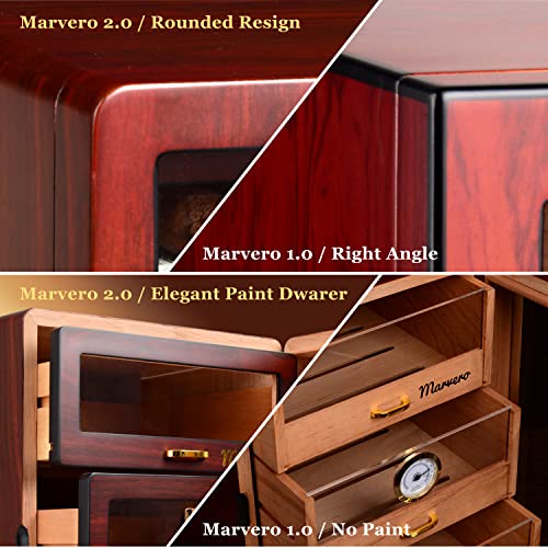 Marvero Handcrafted Cigar Humidors, Cedar Wood Humidor For 150 Cigars With Digital Hygrometer, 3 Large Brown Walnut Drawers, 3 Humidifiers And Gold-Plated Hardwares. Gift For Men And Cigar Aficionados #TOP6