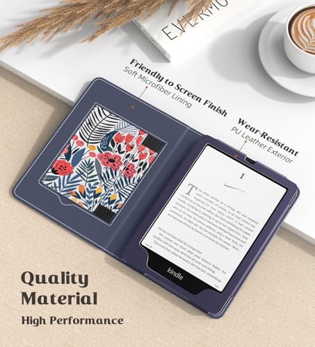 Image of MoKo Case for 7 inch /6.8 inch Kindle Paperwhite(12th /11th Gen-2024 /2021) and Kindle Paperwhite Signature Edition,Slim PU Shell Cover Case with Auto-Wake /Sleep for Kindle Paperwhite 2024, Blue Leaf Flower