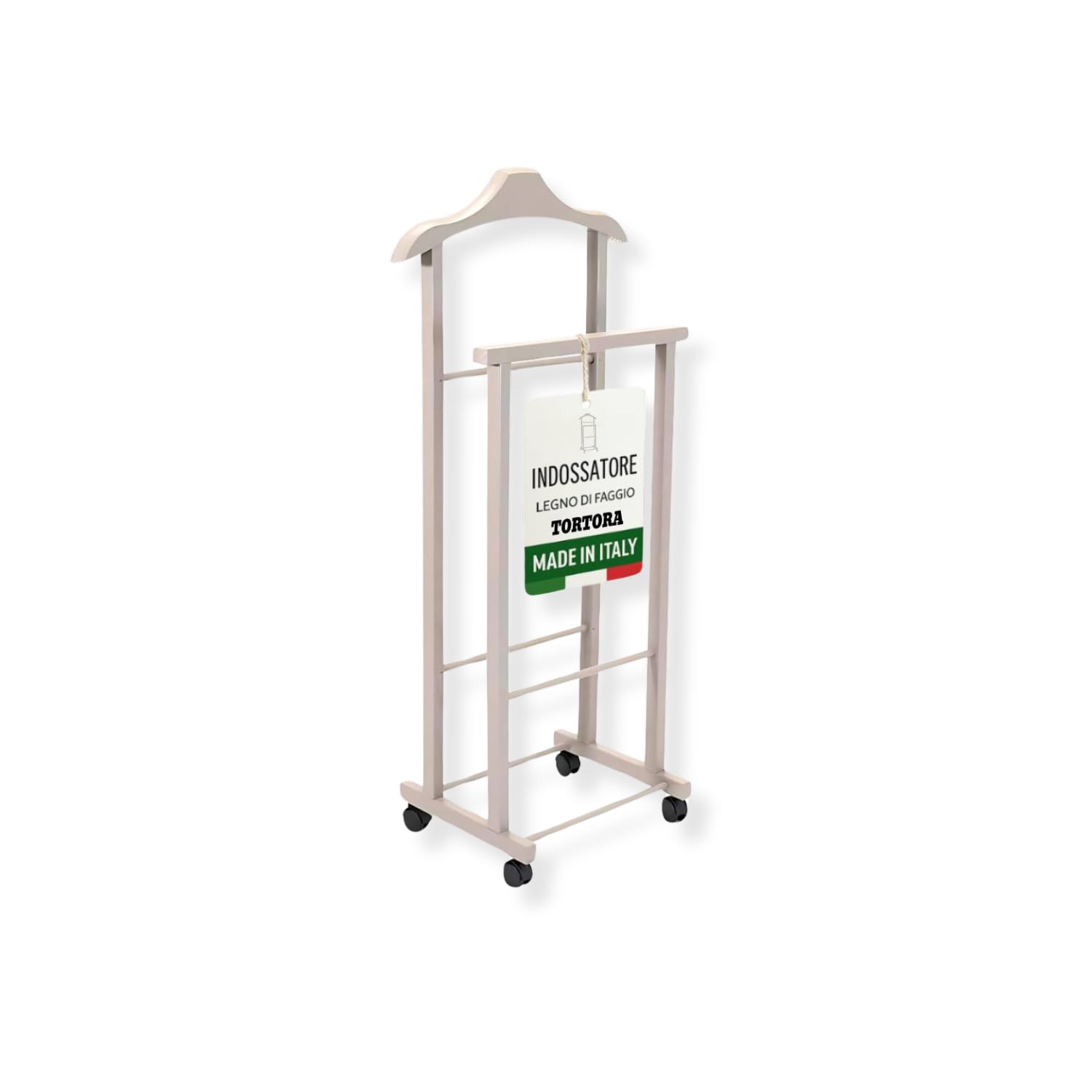 Indossatore Appendiabiti Legno Faggio Tortora Rotelle Servo Muto Doppio Dimensioni 45 x 30 x 95 cm Appendiabiti Vestiti Camera Letto Cabina Armadio Grezzo