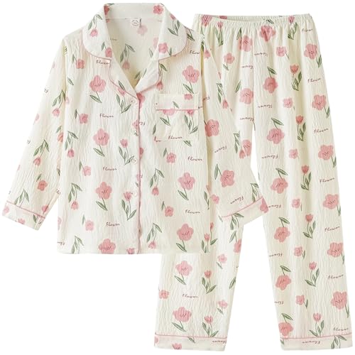 Vopmocld Girls Button Down Pajama Sets Soft Polyester Lapel Collar Long Sleeve Long Pants Sleepwear for Teen Cozy Nightwear