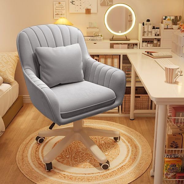 Velvet Desk Chair with Pillow Upholstered Vanity Chair for Girls Women, Home Office Computer Task Chair with Wheels Swivel Rolling Accent Chair for Living Room, Bedroom