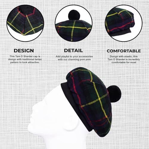 Image of Scottish Tam O' Shanter Hat Tartan Bonnet Pom Pom Wool Flat Cap One Size