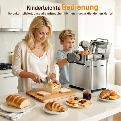 Foto von JUMMICO Brotbackautomat mit Automatischem Zutatenspender | LFGB-geprüft | 19 Programme für Brot, Vollkorn, Glutenfrei, Joghurt | 3 Größen 500/750/1000g, 3 Bräunungsstufen | 15h Timer, Edelstahl