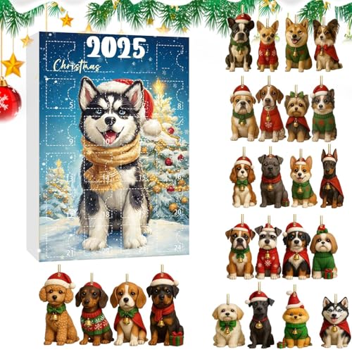Arroopu Adventskalender mit Hunde-Motiv - 2D Flach Wiederverwendbar Saisonal,24-Tägiger Adventskalender Mit Anhängern In Hundemotiv,Für Familien Freunde Erwachsene Haustierliebhaber Bäume Fenster Und