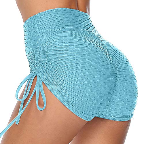 LuckycatDD Short de yoga en dentelle, taille haute, pour femme, short de sport, élastique d'étirement des hanches, short de yoga - Bleu - S Cover