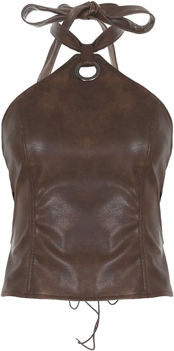 Women Y2K PU Leather Backless Ring Halter Tank Top Trendy Sleeveless Off Shoulder Lace Up Back Crop Cami Clubwear - Image 6