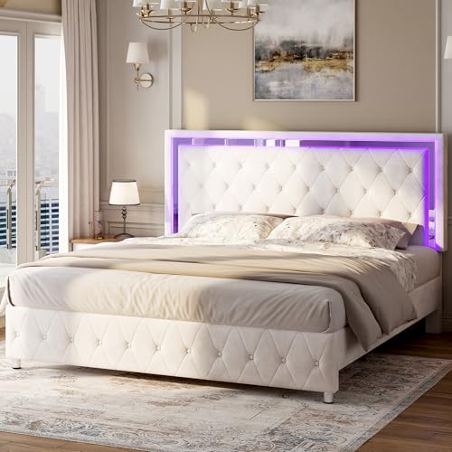 Jocisland Full Bed Frame with LED Lights Headboard&Footboard, Velvet Upholstered Full Size Platform Bed Frame No Box Spring Needed/Cream