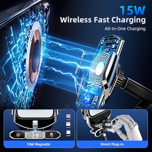 Image of Car Phone Holder,Car Mount Charger,15W Wireless Charging & 10W Magnetic Charging(3 Connectors),Auto-Clamping Hands Free,Suction Cup Mount for Windshield,Mirror & Screen,Car Accessories & Gift