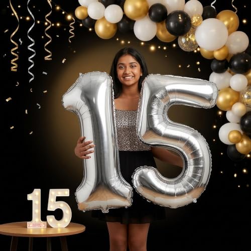 Image of Balloonistics Silver 40-Inch Foil Number 15 Balloon with Matching LED Marquee Light - Combo Set for 15th Birthday, Anniversary, Party Decoration, Photo Booth Backdrop