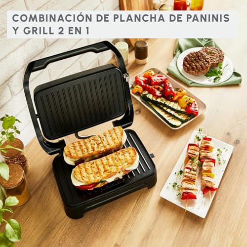Moulinex Inicio Compact, plancha para paninis y grill, 1000 W, placas de cocción antiadherentes, apertura ajustable, acabado Inox, incluye pinzas, diseño compacto y fácil de usar, GI2710M - imagen 2