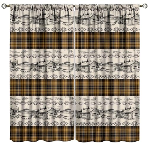 JanJCurt Fishing Curtains, Rustic Cabin Lodge Wooden House Fishing Rods Fishing Bait Vintage Southwestern Print Window Treatments for Farmhouse Kitchen Living Room Bedroom, 42" W X 45" L, Blackout