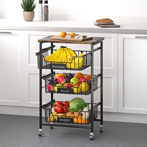 Xyzlvsi Kitchen Storage Cart With Wheels, 4-Tier Metal Utility Rolling Cart Fruit Vegetable Storage Basket Pantry Rack With Wood Top & Pull Out Baskets For Kitchen, Livingroom, Diningroom, Office #TOP1
