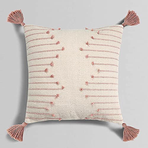 Sungea Farmhouse Pink Throw Pillow Cover, 18 X 18 Square Decorative Pillow Case, Tribal Geometric Tufted Tassels Woven Cushion Cover Accent Neutral Collection For Sofa Couch Living Room #TOP5