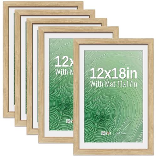 Image of VCK 12x18 Frame 5 Pack, Oak Wood, 11x17 Mat, Glass, for Picture Prints