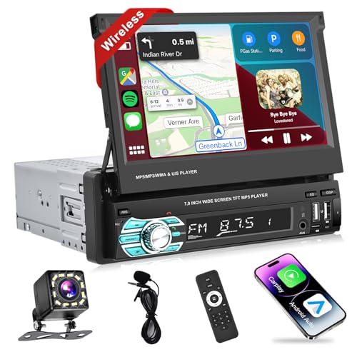 Podofo Wireless Carplay Autoradio 1Din Mit 7\'\' Ausfahrbarem Display Manuell Bildschirm Wireless Android Auto Bluetooth 5.1 FM 2USB/AUX/SD/Lenkradsteuerung Mit Rückfahrkamera Lenkradsteuerung