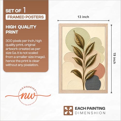 Image of NoWorries 3D Botanical Leaf Wall Painting with Frame Set of 1 | Premium Textured Gold Leaf Artwork, Modern Abstract Nature Wall Decor for Living Room, Bedroom, Office and Home Decoration (3d Art-1,13x19inch)
