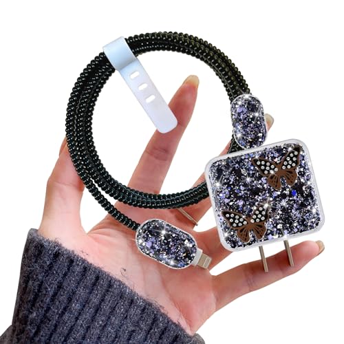Cute Glitter Cable Protector for iPhone 18W/20W Charger with Luxury Butterfly Bling Design Cable USB-C Data Line Wire Saver Phone Charger Protector for iPhone 11 12 13 14 15 Pro Max Plus-Black