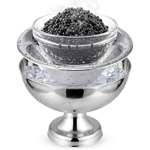 LOYIM Vintage Caviar Serving Set with Stainless Steel Cover and Ice Holder 3 Inch Glass Caviar Dish Chiller Bowl for Dessert Ice Cream Yogurt Weddings Small Appetizers Shrimp Sauce Dishwasher Safe