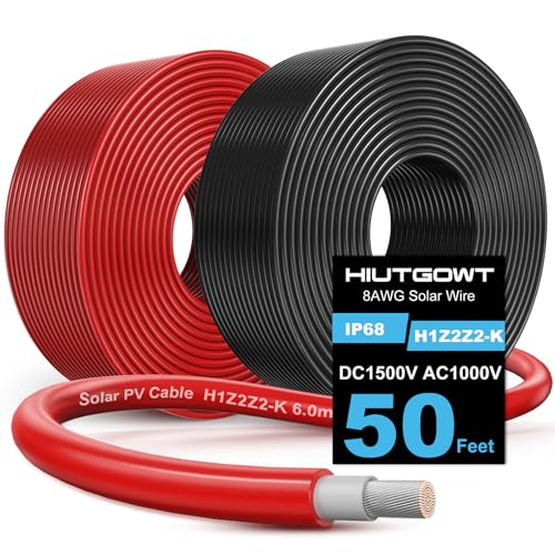 Hiutgowt Solar Wire 8AWG Solar Extension Cable 50FT 8 Gauge Wire Tinned Copper PV Cable for Outdoor Boat RV Camping Solar Panels Solar Controller Inverter Off-Grid and Photovoltaic Systems