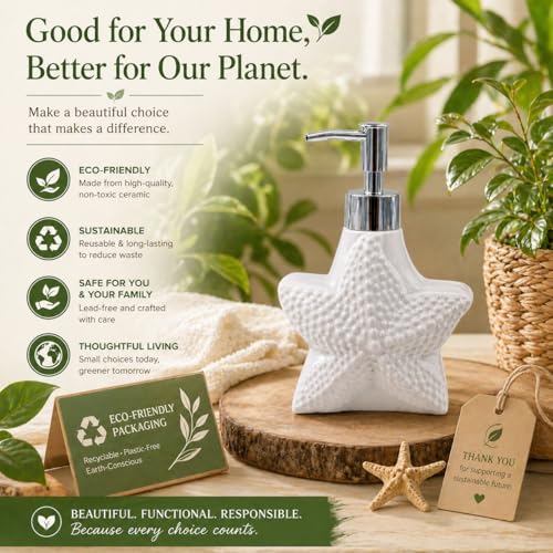 Image of Whizzo Ceramic Starfish Design Liquid Soap Dispenser for Bathroom & Kitchen - Premium Ocean Theme Lotion Bottle with Chrome Pump, White Finish (420ML, LD-212, Design 1)