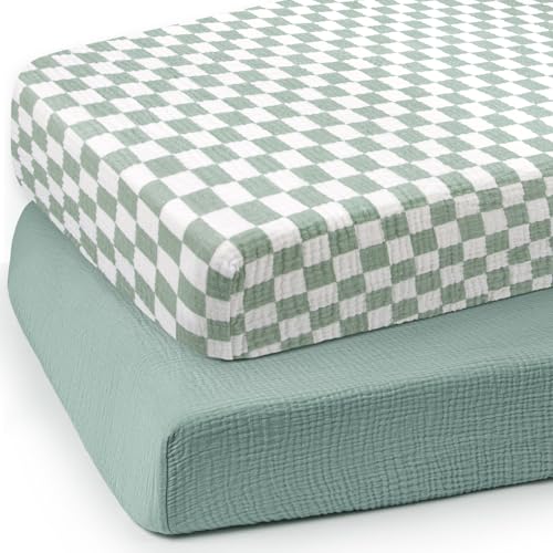 Image of lulumoon Baby Muslin Crib Sheets: Soft & Breathable Fitted Crib Sheets for Boys - Green Square Sheets for Standard Crib 2Pack