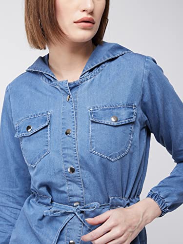 Image of Miss Chase Women's Polo Neck Full Sleeves Patch Pocket Denim Overcoat Knee-Length Jacket
