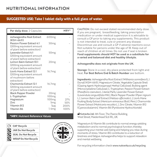 Ashwagandha KSM-66 Relax Complex with Magnesium, Lion's Mane & L-Tryptophan - Supports Relaxation & Mental Wellbeing - Normal Psychological Function & Reduction in Fatigue - 120 Capsules - Nutravita - Image 7