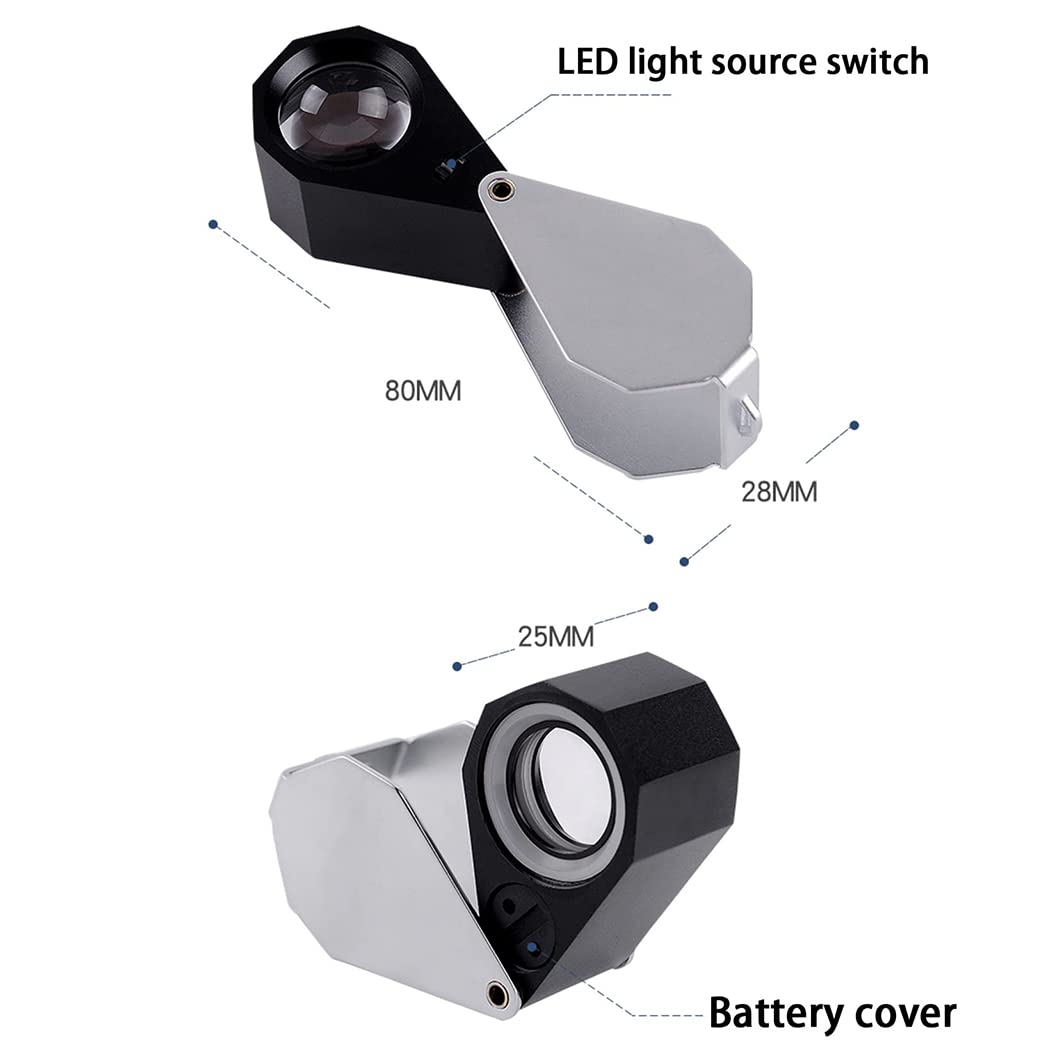 Mini-Lupe aus Edelstahl, Metall, faltbar, Taschenlupe mit 6 LED-Leuchten, beleuchtete Juwelierlupe zum Löten, Prüfen, Münzen, 30-fache Vergrößerung (einfarbig, 30-Fach).