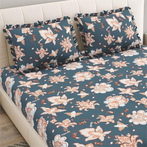 Image of Dream Weaverz- Polycotton Printed Double Bed Size Fitted Elastic Bedsheet,2 Pillow Cover,260 Thread (72 inch x 78 inchx7 inch) Home, Bedroom (Green, King)