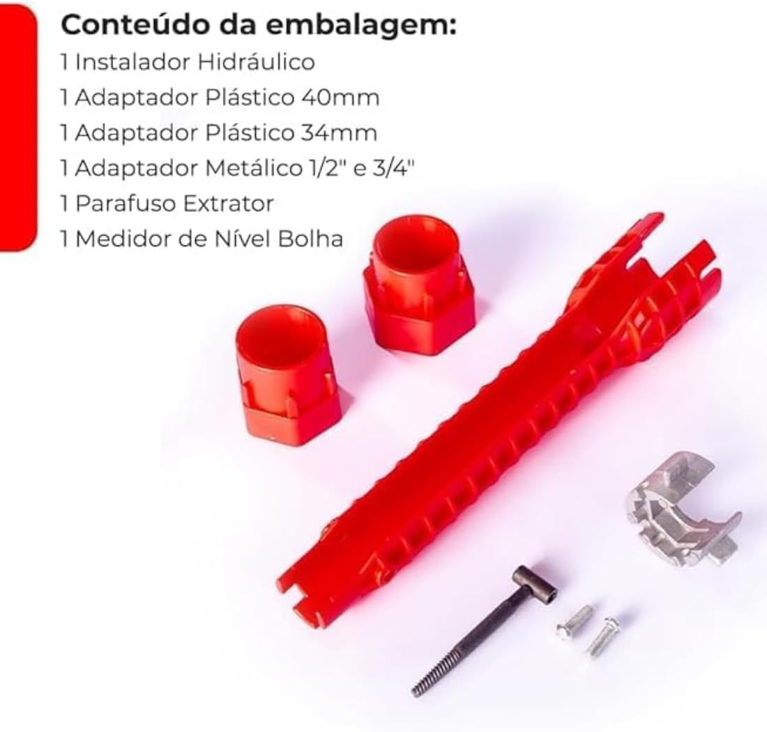 Chave Multifuncional 8 em 1 para Instalação de Torneiras e Pias, Kit Profissional com Acessórios, Vermelho