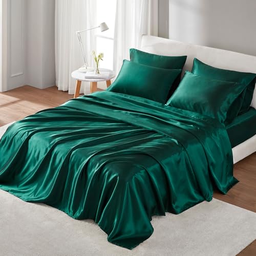 Image of Madison Park Essentials Satin Sheets Queen Size Bed Set, 6 Piece, Emerald | Luxury and Smooth Silky Bedding with Natural Sheen, All Around Elastic 14 inch Pocket fits up to 16 inch Mattress, Year-Round Cozy