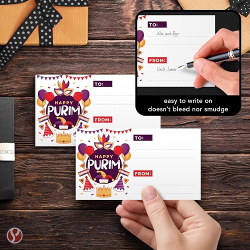 Image of Happy Purim Blank Gift Tags, 3.5 inch x 2 inch To From Jewish Holiday Religious Complimentary Greeting Note Cards for Gifts and Presents Wrapping - Business Card Size, Thick and Durable - 25 per Pack (Purple)