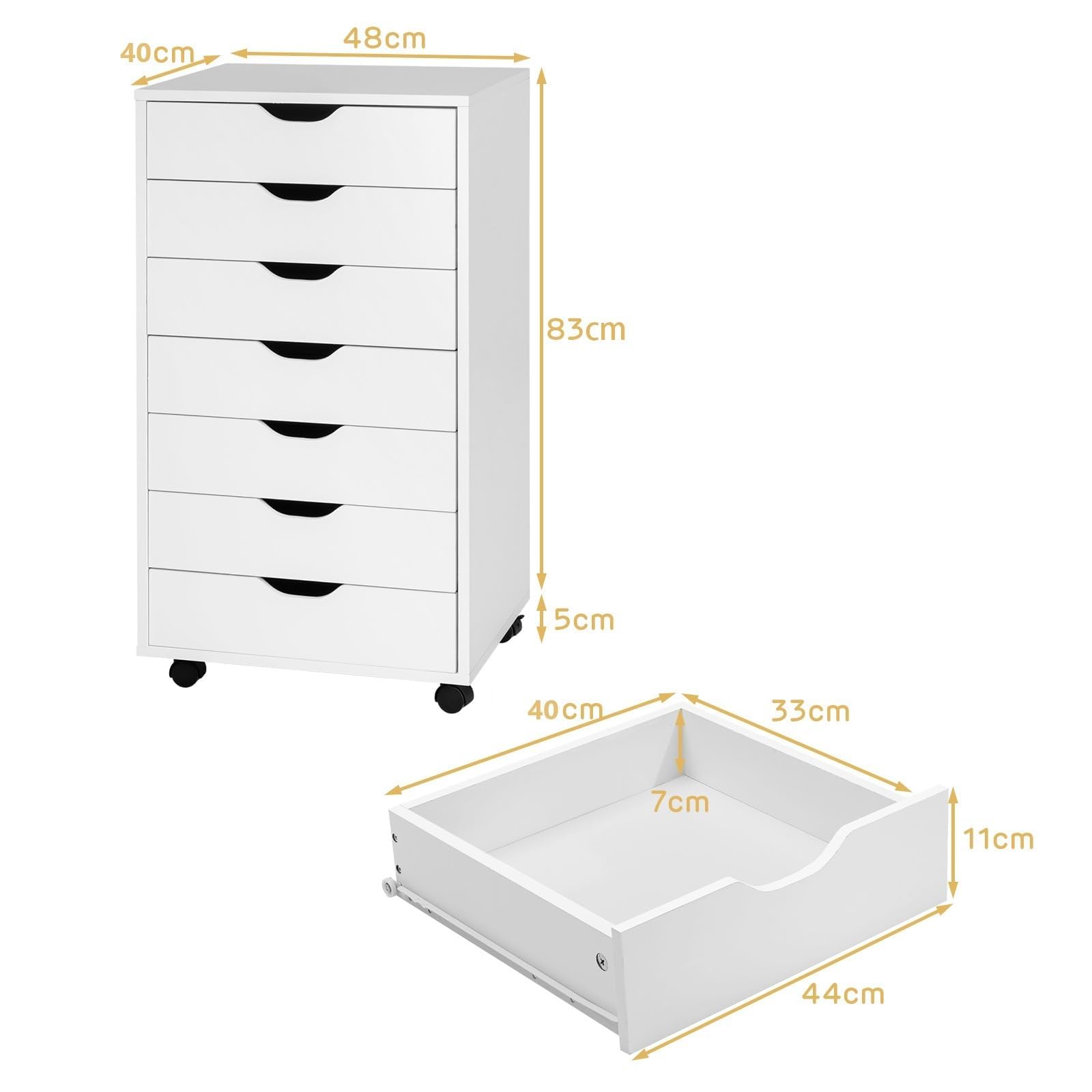 FANTASK Bürocontainer mit Rädern, mobiler Schubladenkommode mit 7 Schubladen, Rollcontainer Schubladenschrank, Aktenschrank Rollwagen, Rollschrank für Zuhause Büro (Weiß)